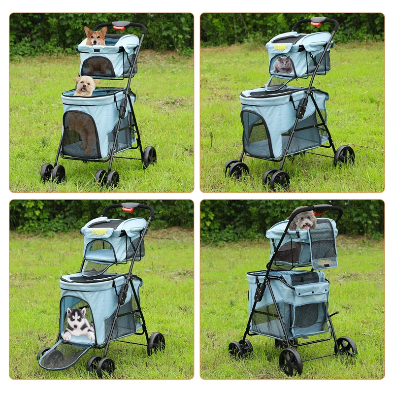 

4 Wheel Double Pet Stroller One-Hand Folding Dog Jogging Strollers Travel Cat Stroller Detachable Carrier Pet Carrier Light Blue