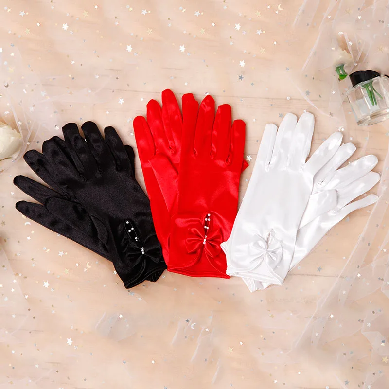 

Женские Свадебные короткие перчатки Guantes, атласные длинные перчатки с пальцами для свадьбы, выпусквечерние вечера, платья, красные, белые, черные перчатки, 3 пары
