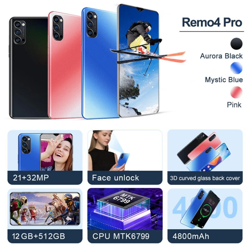 

Remo4 Pro Android Smartphones 6.7 Inch Global 5G LET Cellphones 12GB+512GB MTK-6799 10-Core 21+32MP Dual SIM Card Mobile Phone