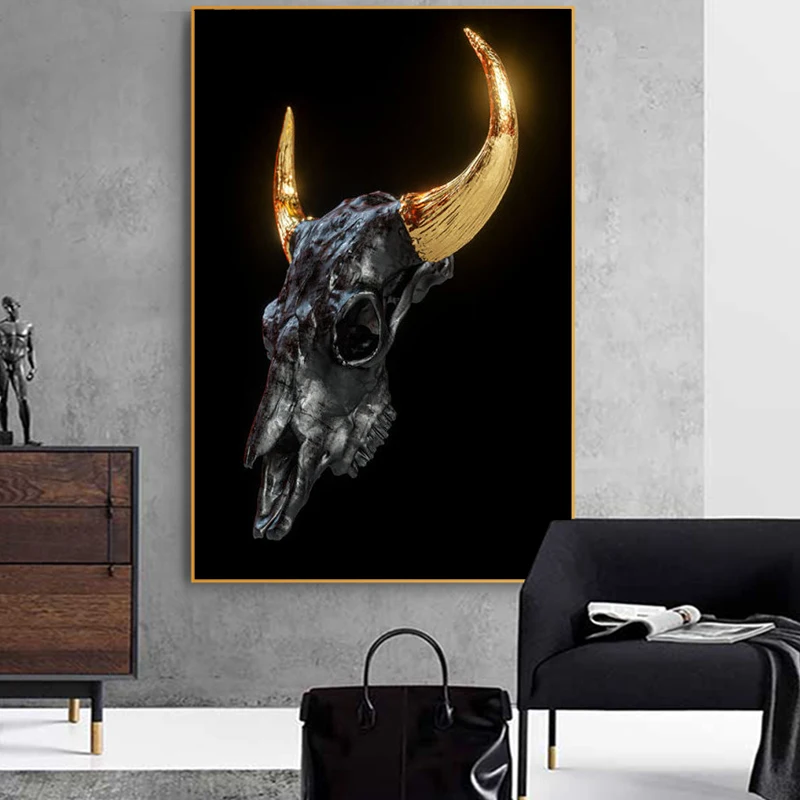 

Golden Metal Bull Horns Statue Canvas Painting Wall Art Animal Skull Posters And Prints For Living Room Bedroom Home Decor