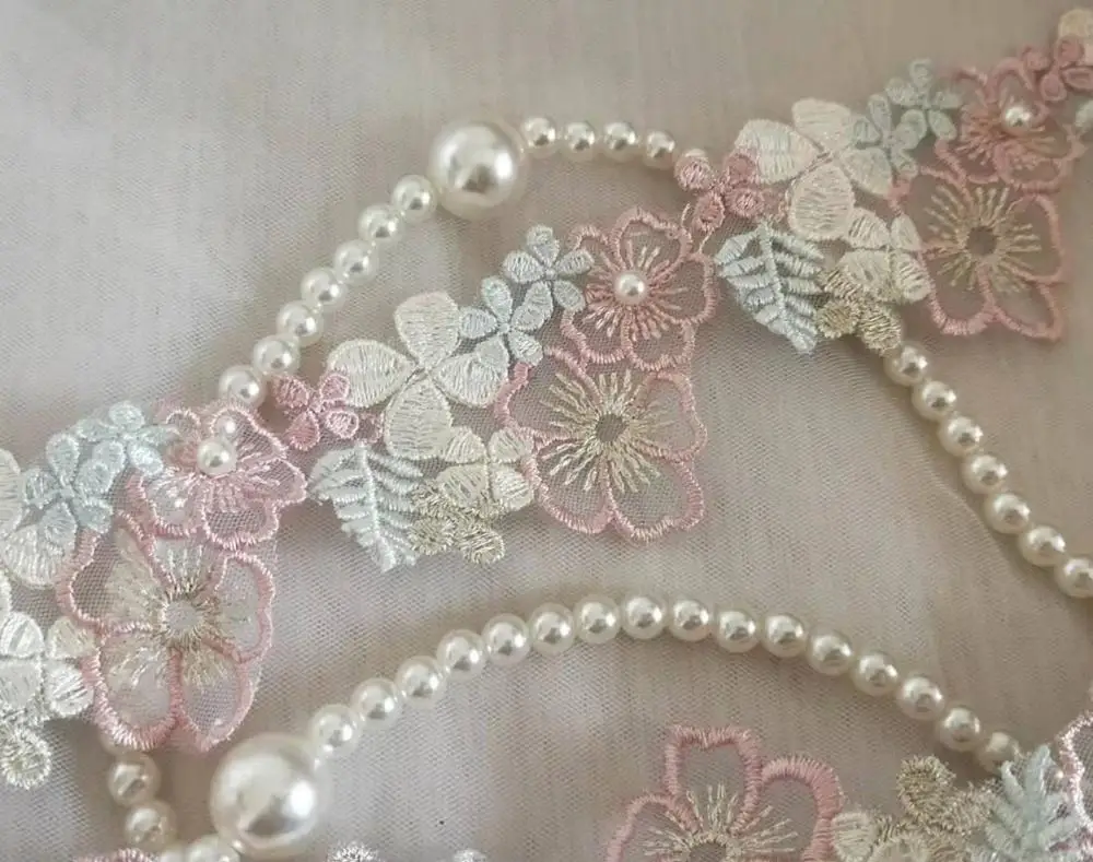 3 ярда милая кружевная отделка Цветной Цветок макарон вышитый жемчугом кружево