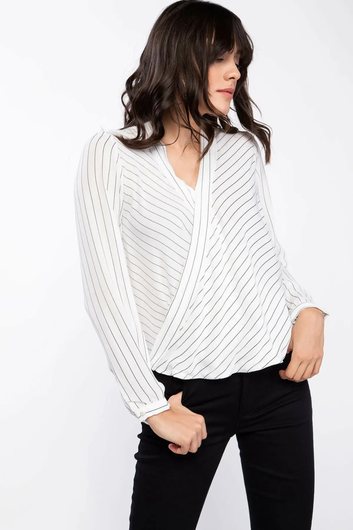 Женская шифоновая блуза DeFacto модная черная полосатая блузка с v образным вырезом