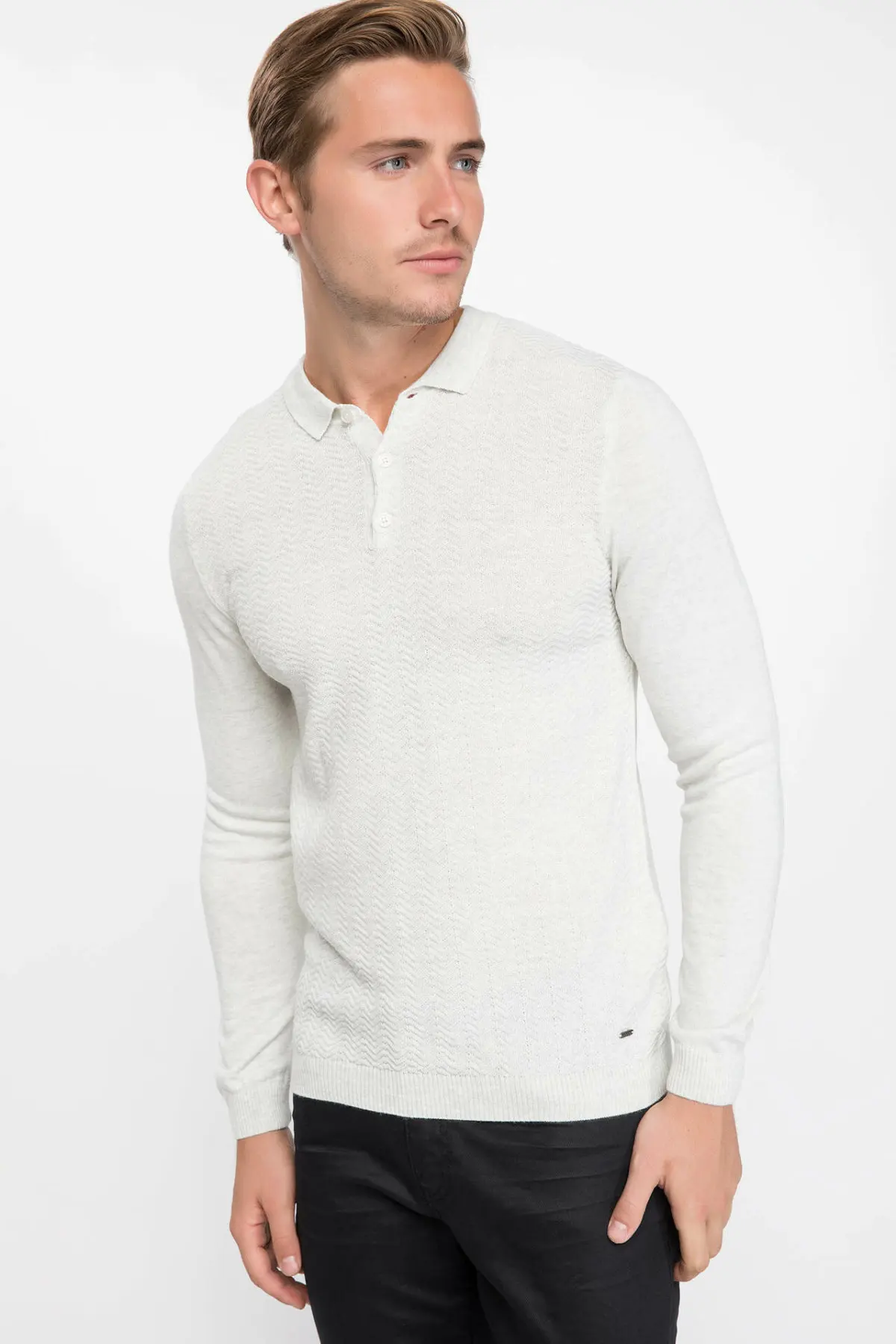 Дефакто Новая мода мужской лацкан пуловер для мужчин с длинными рукавами