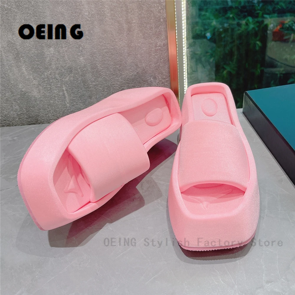 

2022 Summer Women Chunky Sole Slippers Fashion Outdoor Slip-on Pink Satin Slides Sandals Ladies Sexy Platform Slides Shoes Women