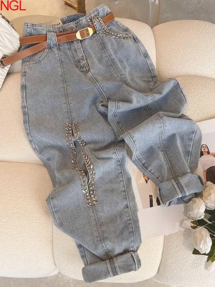 2022 Autumn New Design Sense Heavy Bead Nail Bead Hollowed Out Loose Denim Straight Pants Personality High Waist  Jeans Women