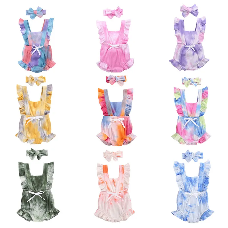 

2Pcs Toddler Baby Tie Dyeing Summer Clothes Baby Boy Girl Sleeveless Backless Rompers Ribbed Knitted Outfits Clothing For Girls