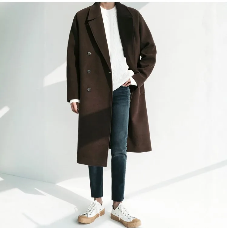 Obrix Мужское шерстяное пальто базовое двубортное с v-образным вырезом и длинным