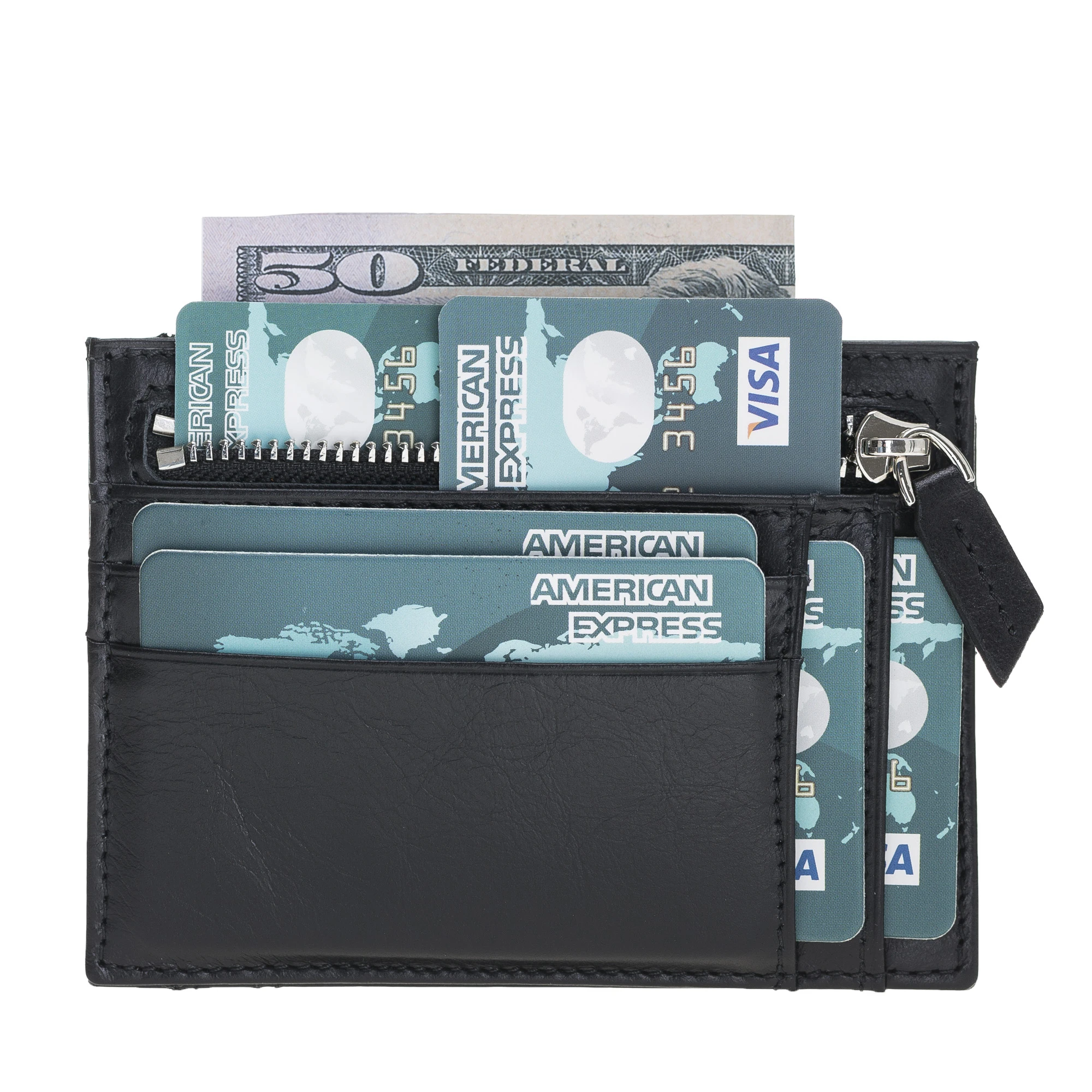 Handmade Genuine Leather Slim Credit Card Holders and 1 Banknote Slot with Zipper Modern Collectible Wallet Minimalist Elegant