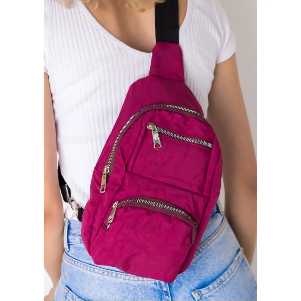 

Burgundy Color Fashion Trend Women Lady Quality Zippered Cloth Fabric Waist Crossbody Backpack and Shoulder Bag