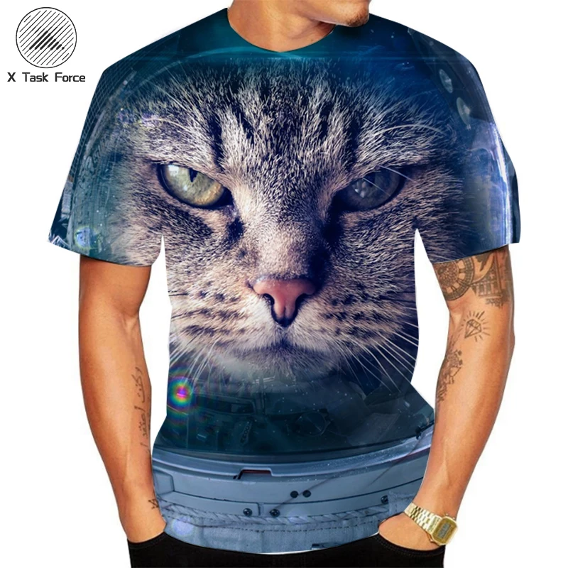 

Summer new Men's T-shirt Oversized wide loose clothing trend short sleeve fashion 3D printed cute cat oversized O collar T-shirt