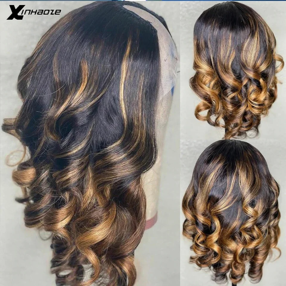 

24Inch Brazilian 1x3'' U Part Human Hair Wigs for Black Women Loose Wave 180Density Highlight Blonde Brown U Part Wigs Remy Hair