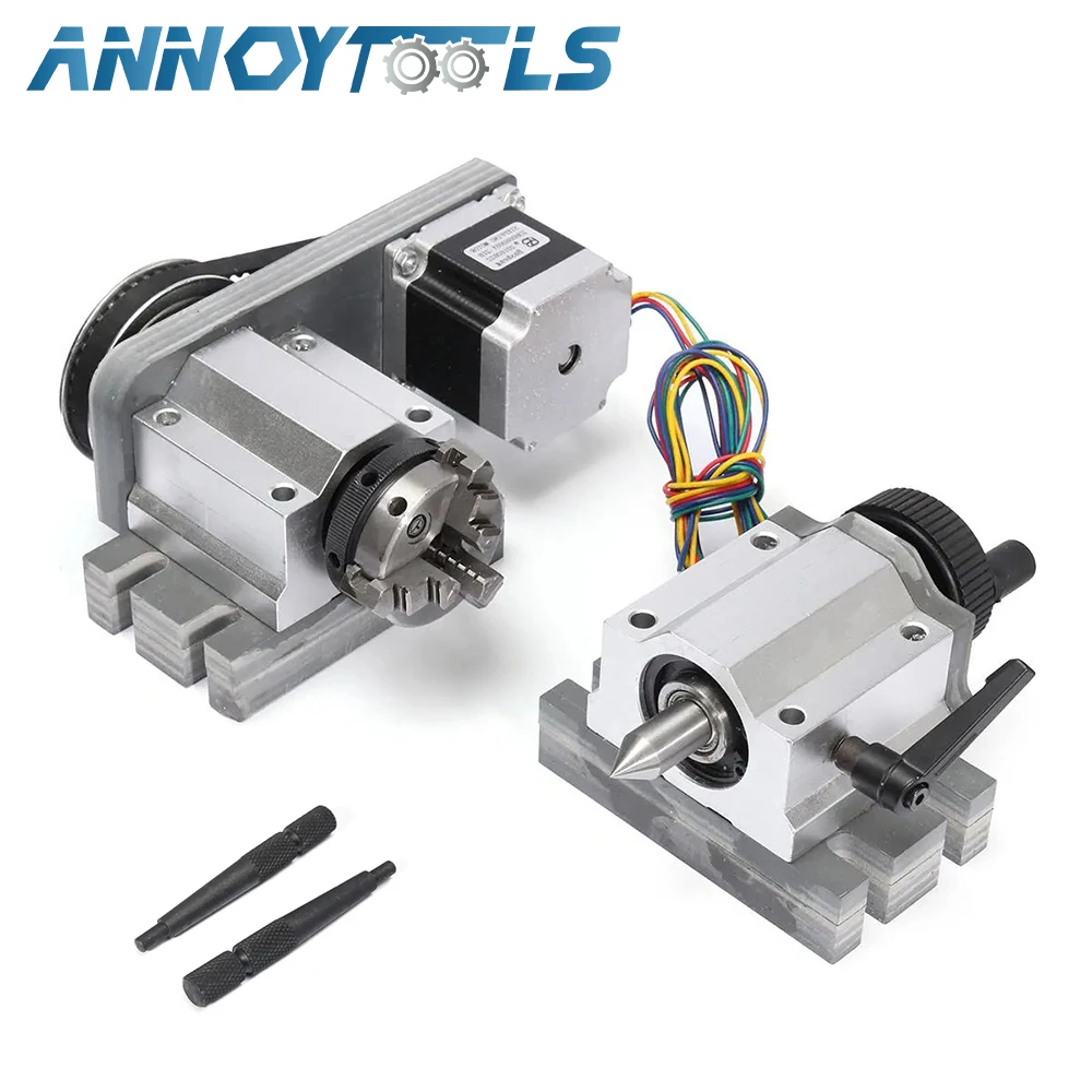 

CNC Router Engraving Machine Rotational 4th Axis Rotary Table A Axis 3 jaw 50mm chuck+Tailstock+Nema57 Stepper Motor