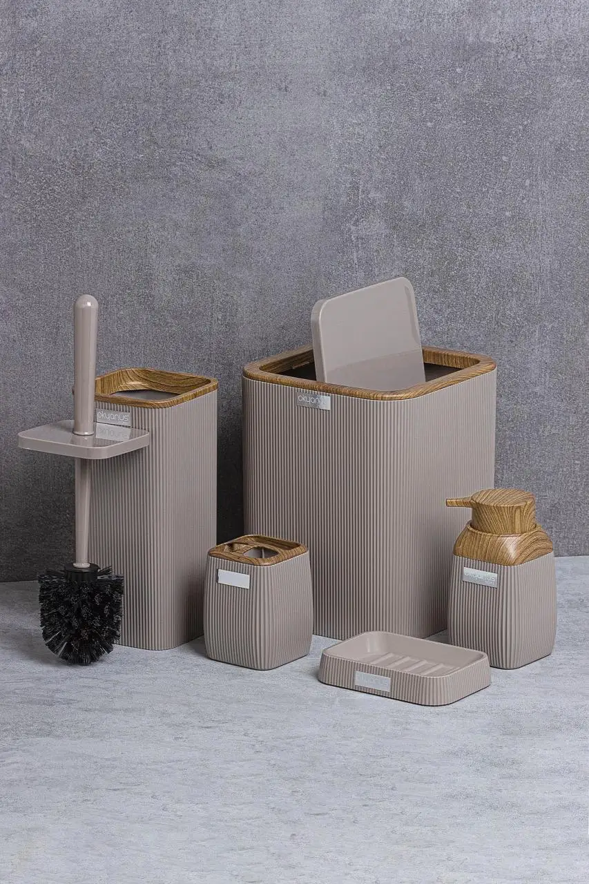 oceanland wooden patterned striped hard plastic 5 piece bathroom set toothbrush holder soap dispenser toilet brush dustbin free global shipping