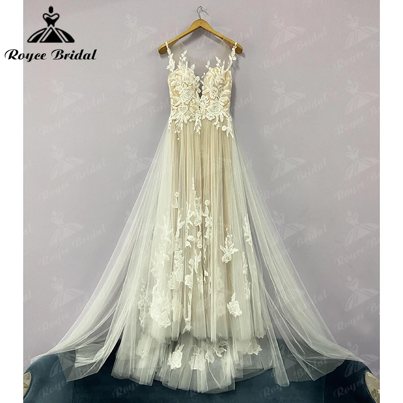 

Boho V-neck Spaghetti Straps Appliques Lace A-Line Wedding Dress 2022 Netting Bridal Gown Sweep Backless Sequined robes vestidos