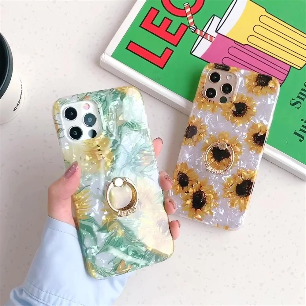 

Sun Flower Finger Ring Phone Cases For iphone 12 13 11 Pro XS Max X XR 8 7 Plus SE 2020 Case Silicone Back Cover Holder