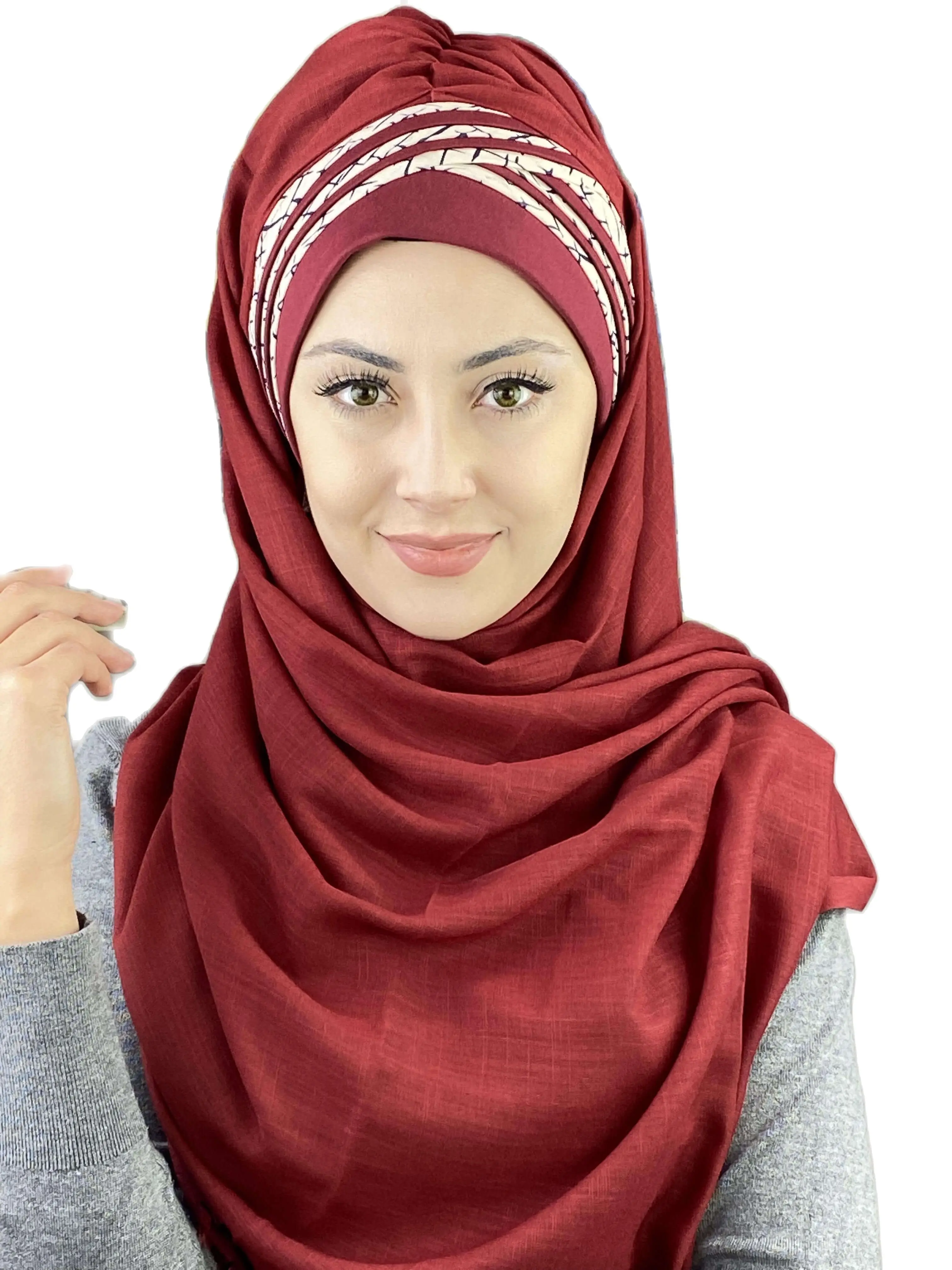 

2022 New Fashion Hijab Islamic Women Scarves Muslim Women's Products Hat Dark Burgundy Short Striped Diagonal Draped Shawl