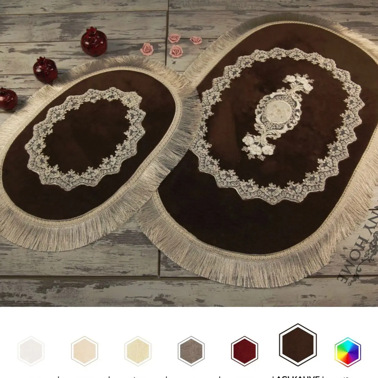 

Bonny Home Exclusive Brown 2 Pieces French Lacy Plush Bath Mat Non Slip Leather Based Machine Washable Rug Set