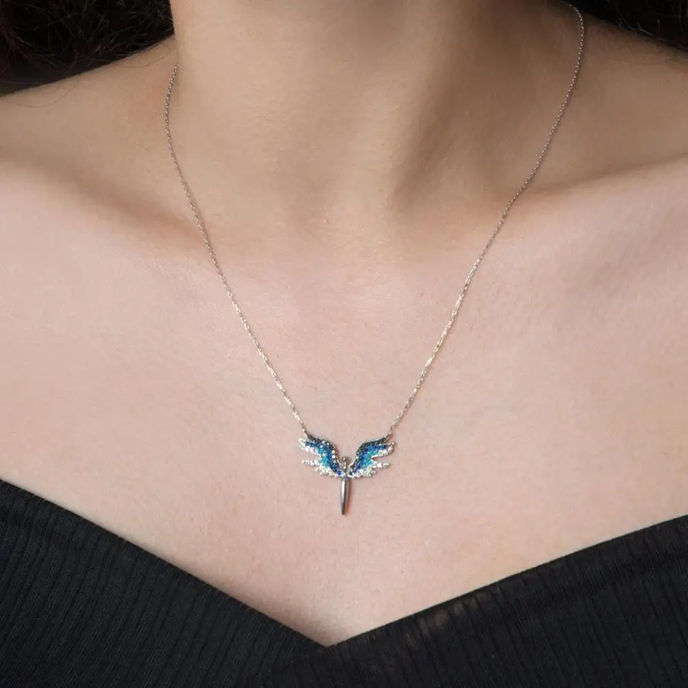 Женское Ожерелье из стерлингового серебра 925 пробы с цирконием ангела Mikail синее