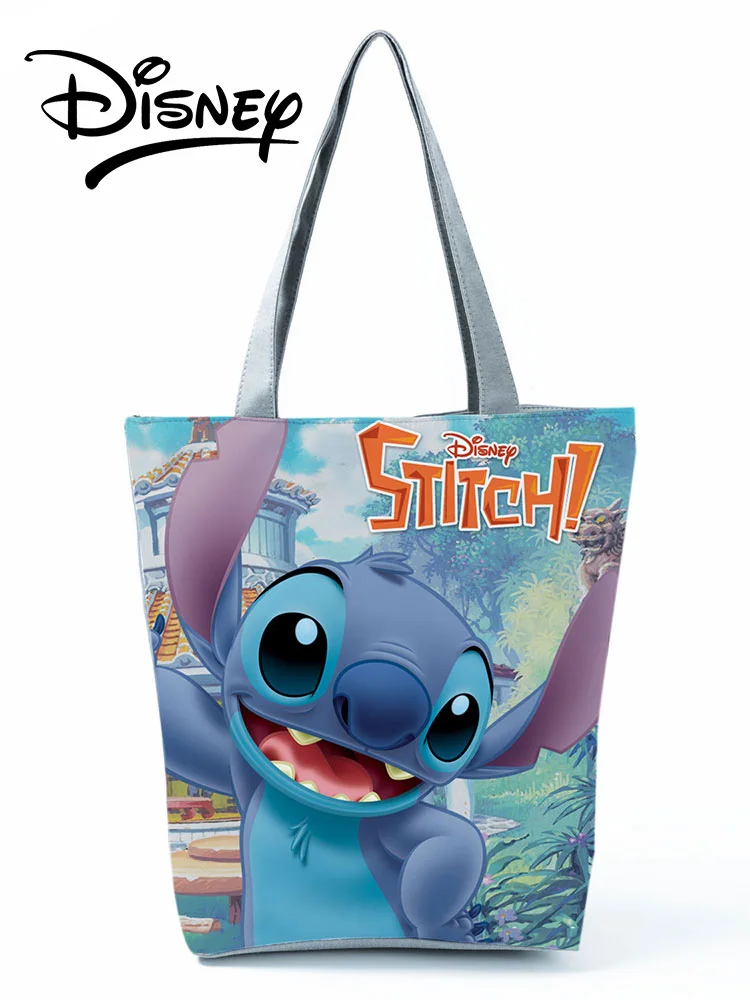 

Disney Lilo Stitch Cartoon Printed Handbag Casual High Capacity Eco Reusable Shoppaing Bag Blue Girl Women Travel Beach Tote Bag