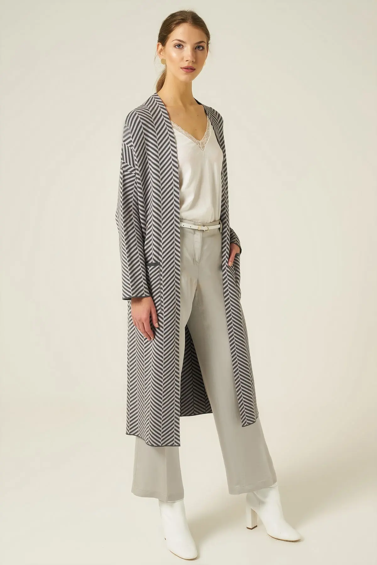 Женский зеленый вязаный кардиган с поясом и карманами Joinus | Женская одежда