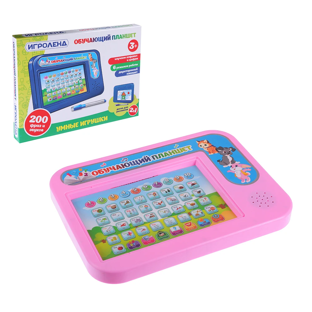 ИГРОЛЕНД ПЛАНШЕТ ОБУЧАЮЩИЙ С ДОСКОЙ ДЛЯ РИСОВАНИЯ ЗВУК 3AA ABS 23Х17Х2СМ 4 ДИЗАЙНА |