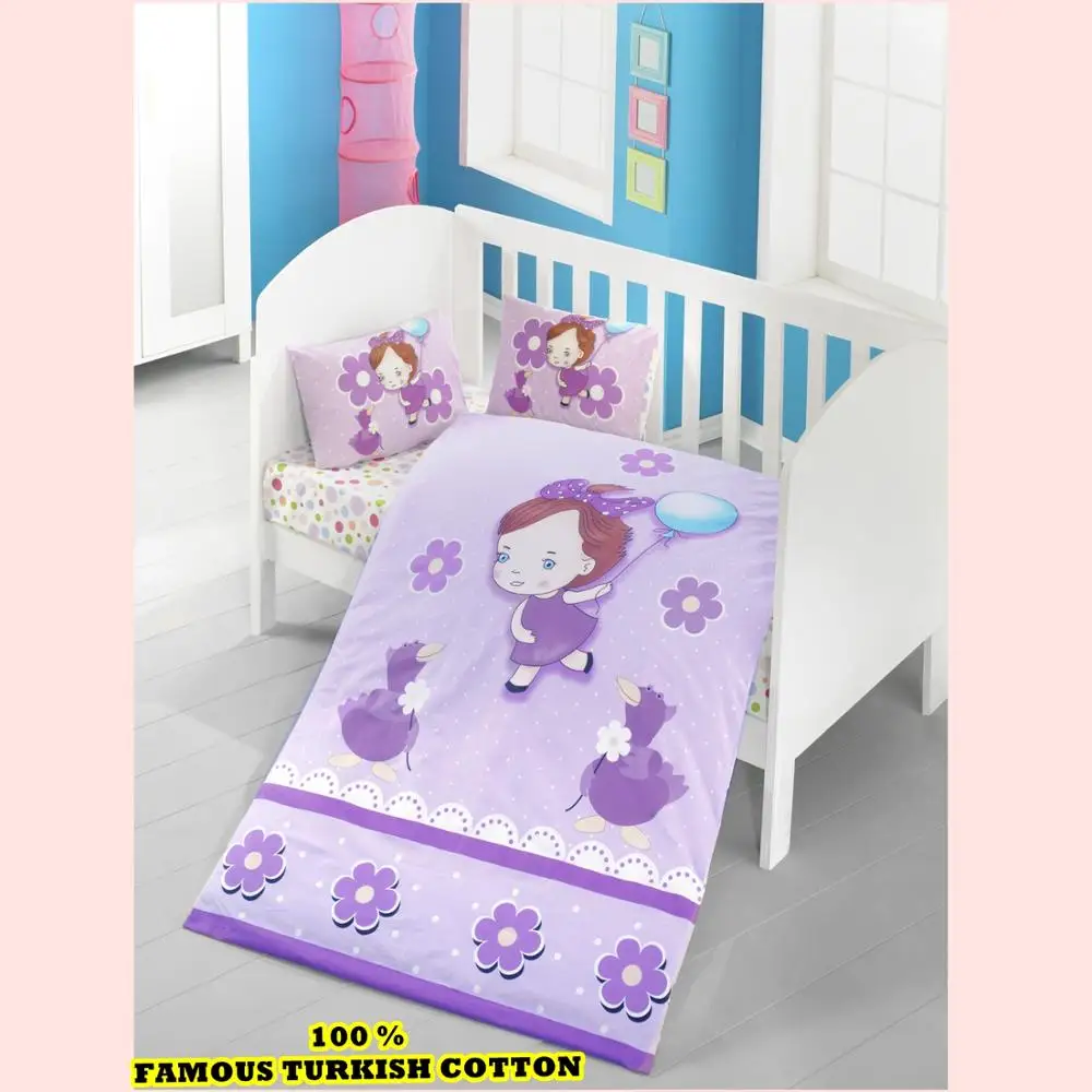 GIRL Baby Bedding Duvet Cover Set for Crib 100% COTTON  Lilac Purple Made in Turkey Cartoon Sweety Baby Soft Antiallergic
