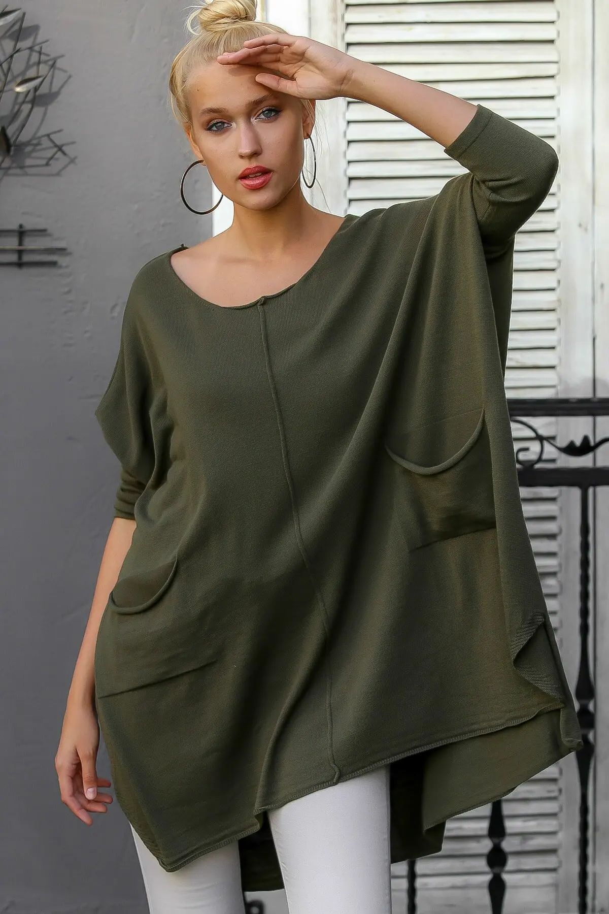 

Women's Small And Large Size Sweater Bohemian Stitching Detail Giant Pockets Oversize Knitwear Tunic Sweater