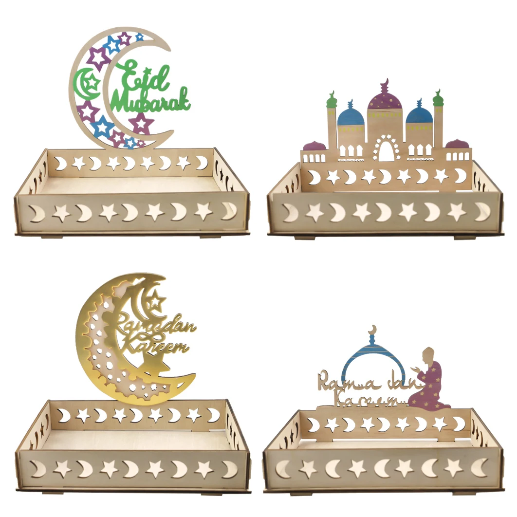 

Eid Mubarak деревянный поднос для продуктов праздник Рамадан фестиваль Луна настольные украшения Исламская мусульманская вечеринка Декор подноса ручной работы