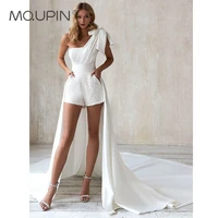 mqupin sexy short jumpsuit wedding dress elegant satin bride gown backless one bow shoulder waisted sweep train bridal robe a99