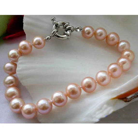 Новый классический уникальный дизайн браслет из жемчуга AA 8 дюймов 9-10 мм розовый