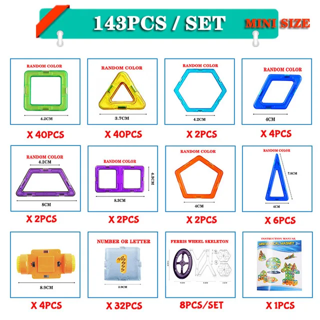 143pcs Магнитный конструктор, конструктор для мальчиков, игрушки для малышей, блоки, мини развивающие наборы, модели, строительные магниты ABS, детские рождественские подарки - Цвет: 143pcs