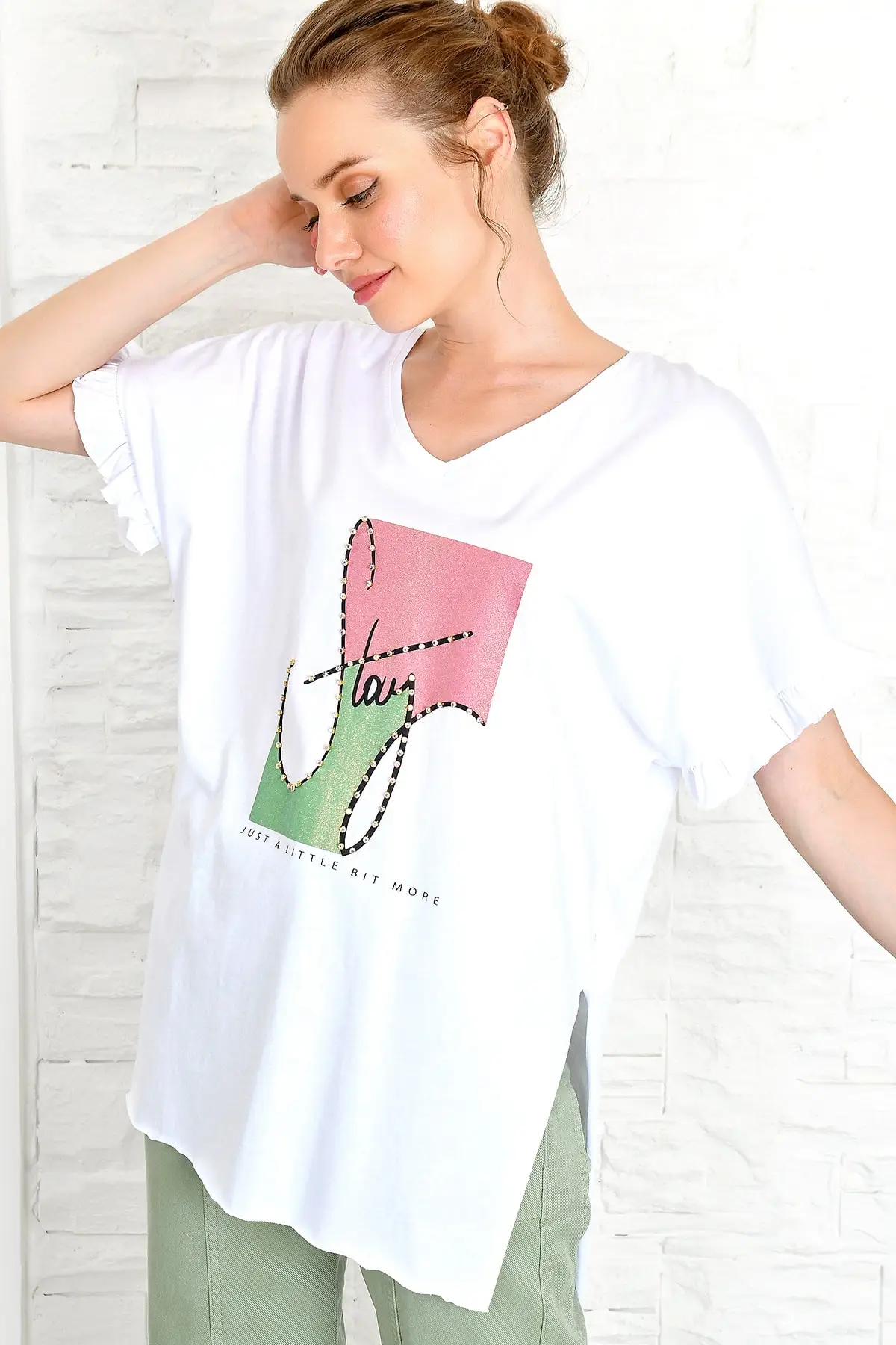 Тренд Alacati стиль женские рукава с оборками камень вышитые бойфренд футболка ALC