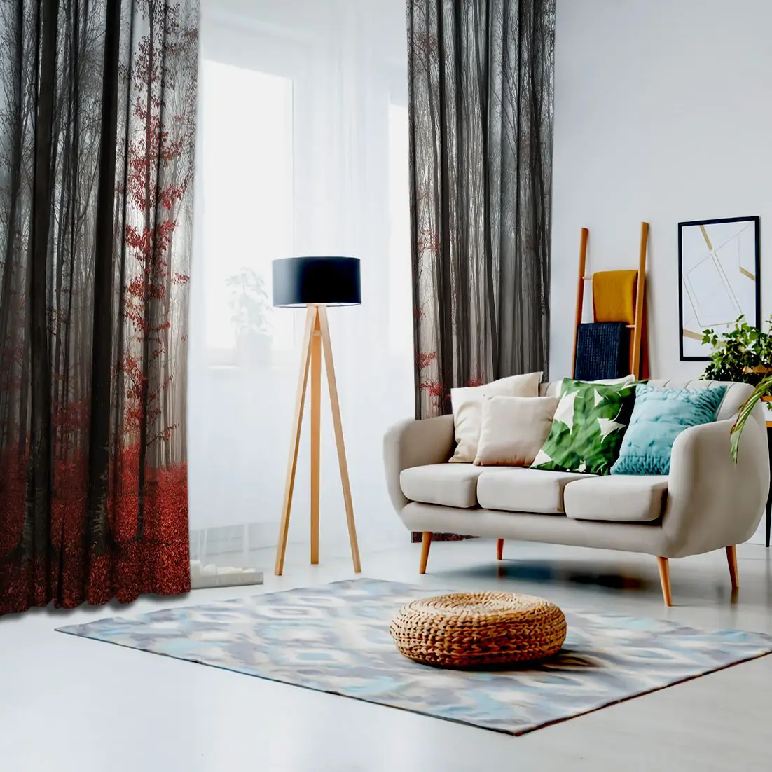 Занавес Мистик ЛЕС ДЕРЕВЬЯ красные листья туманный утренний вид осень Природа