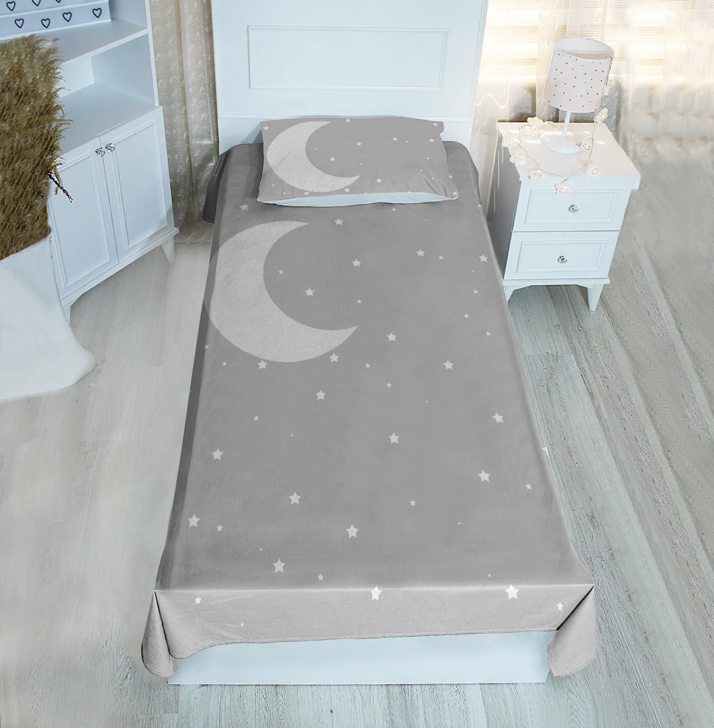 

Grey single bed cover Moon Star sky patterned velvet fabric Free Shipping quality product kids room decoration baby room