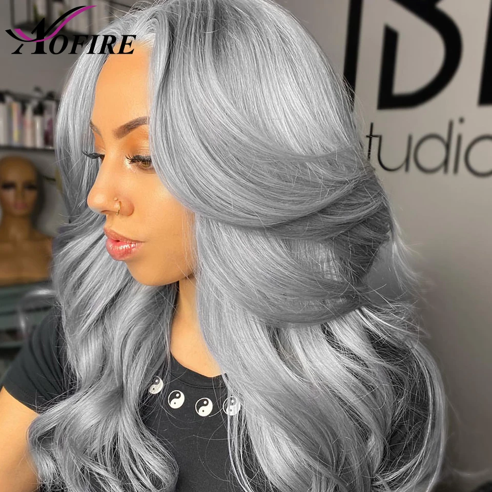 Grey Body Wave Human Hair Wigs For Women HD Transparent Lace Frontal Wig Silver Front 200 Density | Шиньоны и парики