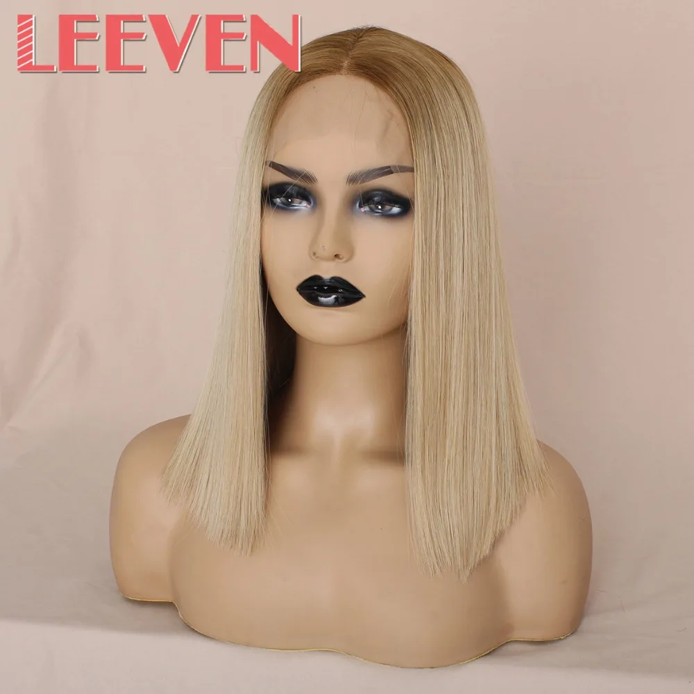 Leeven, 14 дюймов, короткий Боб, кружевные передние парики, розовый, 613 блонд, черные парики, синтетические, шелковистые, прямые волосы, парик для женщин