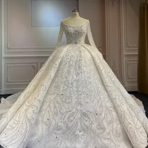 Marnham 2022 Luxury Wedding Dress Bride Dresses Off the Shoulder Boat Neck Ball Gown Long Royal Trail Full Sleeves Handmade Gown