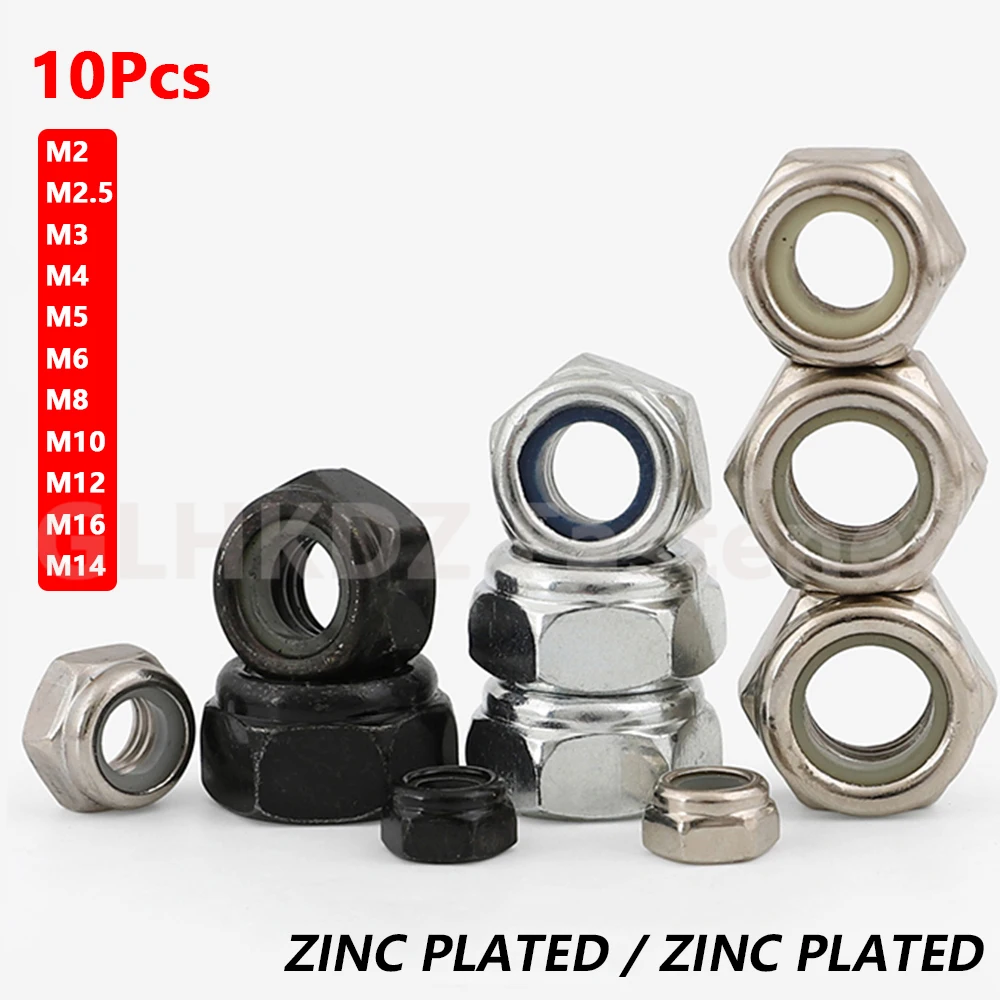 

10X M2 M2.5 M3 M4 M5 M6 M8 M10 M12 M14 M16 Hex Nylon Insert Lock Nut Self-locking Nyloc Lock Nut Zinc Nickel Plated Carbon Steel