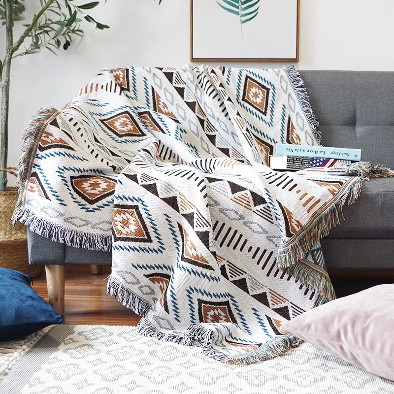 

Bohemia Ethnic Style Sofa Towels Geometric Plaid Tassel Blanket Nap Throws Double Side Sofa Covers Tapestry Bedspread On The Bed