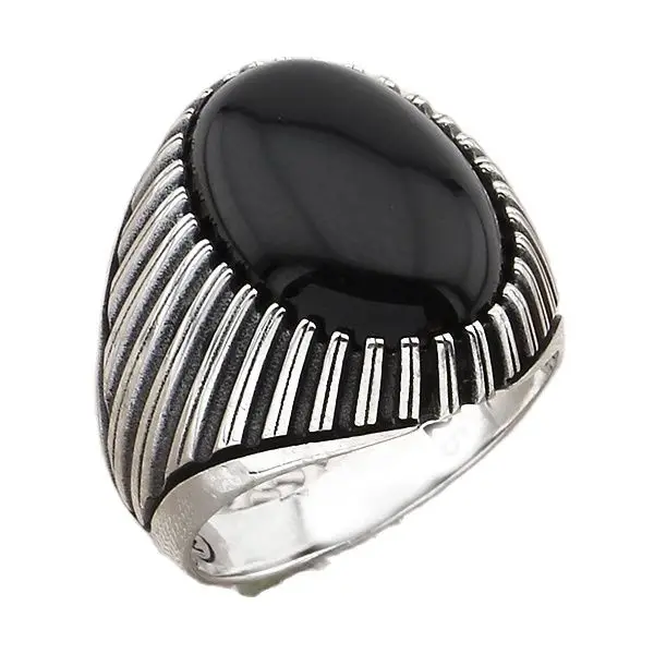 

Rays of Sunshine Oval Black Onyx Gemstone Sterling Silver Men's Ring Jewelry Gift for Husband for Grandfather for Special Events