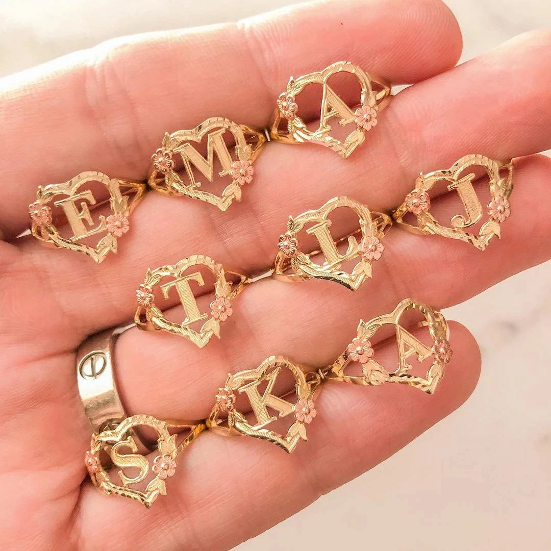 A-Z кольца с буквами 18K позолоченные желтые и розовые золотые сердечки оригинальная буква круглое кольцо регулируемые размеры 6-12 подарок для...