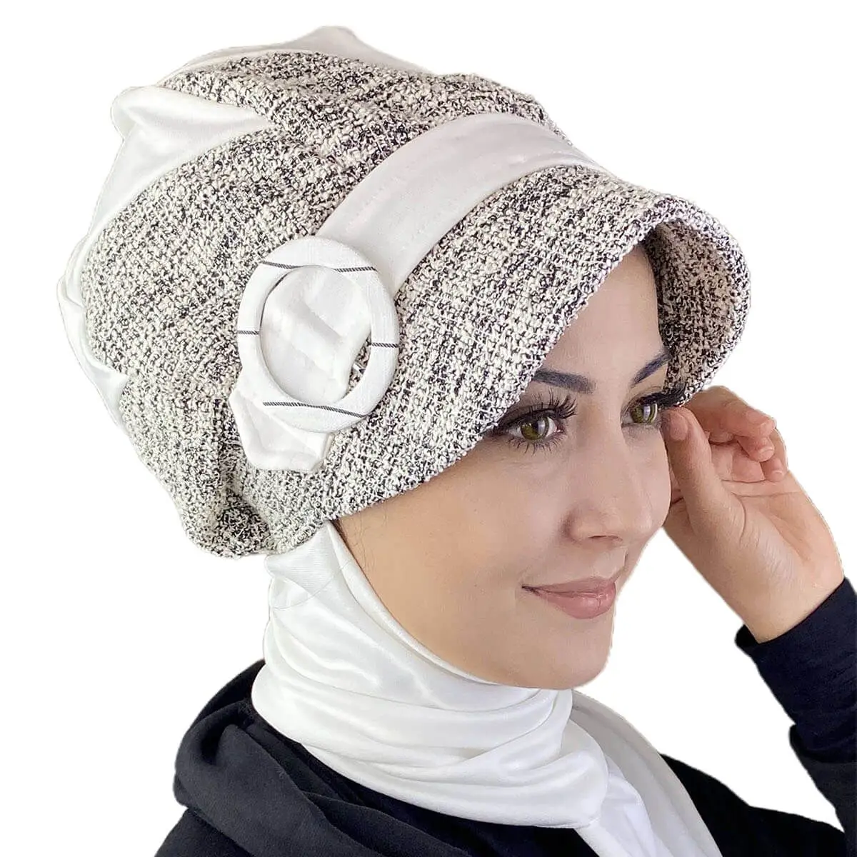 

White Kırçıl Patterned Atkılı Hat New Fashion Islamic Muslim Hijab 2021 Trend Hijab Garment Practical Beret Scarf Bone