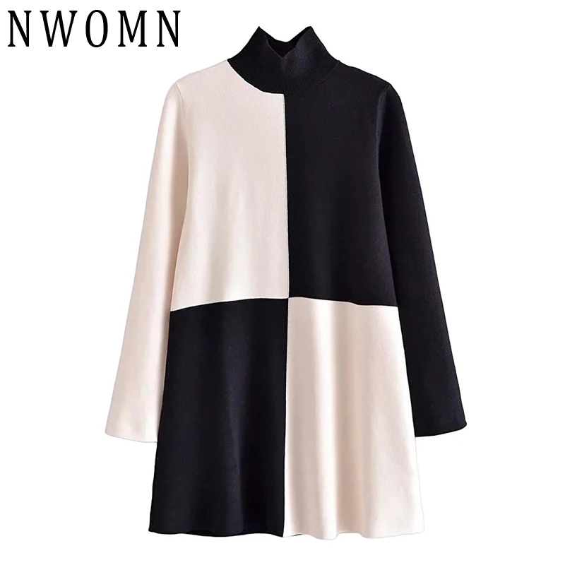 

NWOMN Za 2021 Patchwork Sweater Dress Women Christmas Dress Woman Turtleneck Mini Plaid Knitted Dress Oversize Short Dresses