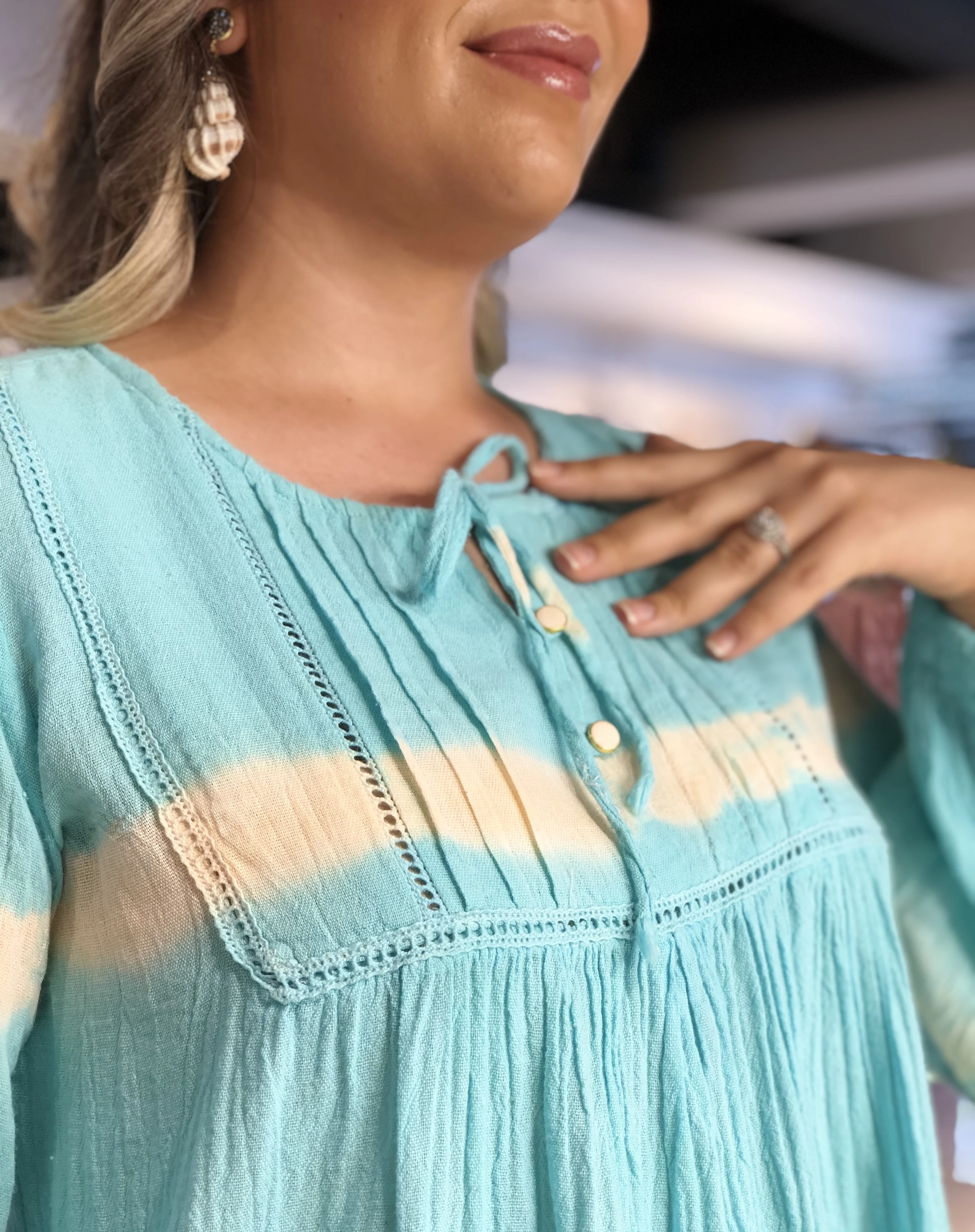 

Roxxlen Women Spring Summer Plus Size Turquoise Blouse Batik Dyed Voile Fabric (100% Cotton Fabric)