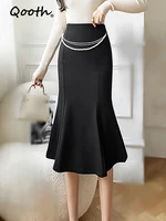 qooth ladies pencil skirt 2022 spring summer fashion elegant mid length design workwear women bodycon skirt qt1584