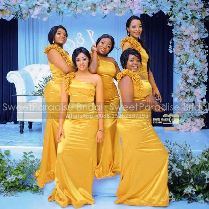 

Gold Yellow Mermaid Bridesmaid Dresses Ruffles One Shoulder Sleeveless African Girls Long Prom Dress Wedding Party Gown
