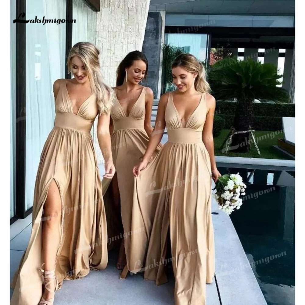 

Sexy Slit Champagne Gold Bridesmaid Dresses Floor-Length Long Spandex V Neck Formal Prom Party Gown vestidos de boda invitada