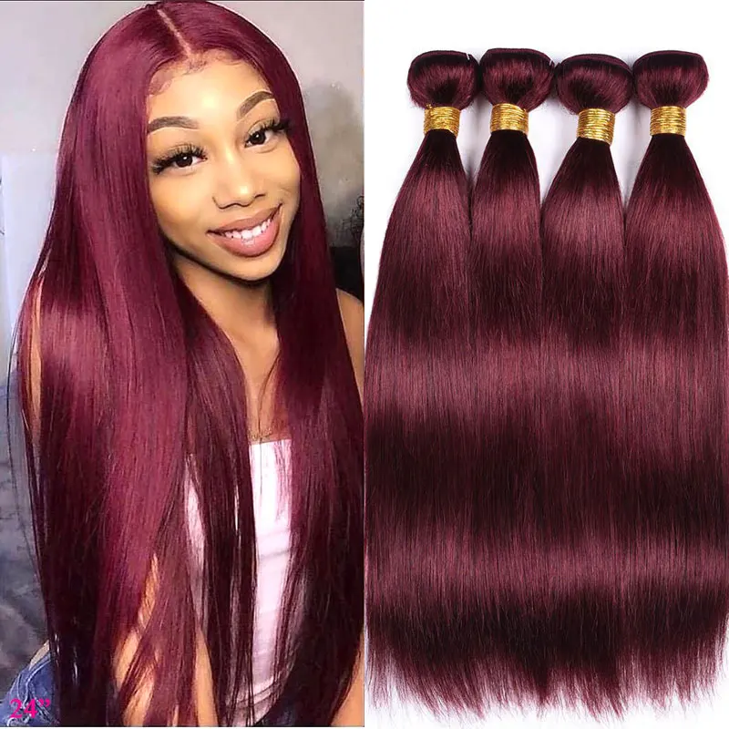 

99J Human Hair Bundles 99J Straight Hair Bundles Remy Brazilian Hair Weave 3 4 Bundles Deal 100% Red Wine Human Hair Extensions