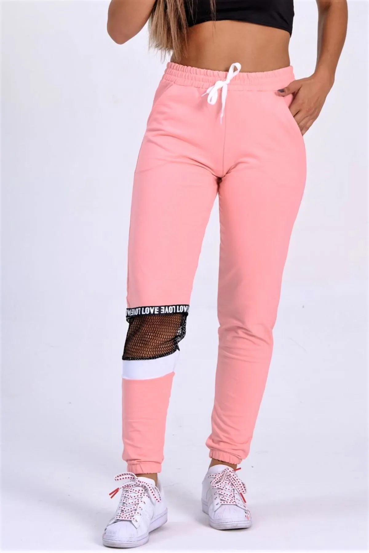 

Women's Pink Pocket Elastic Jogger Knitted Mesh Detailed Seasonal Sweatpants