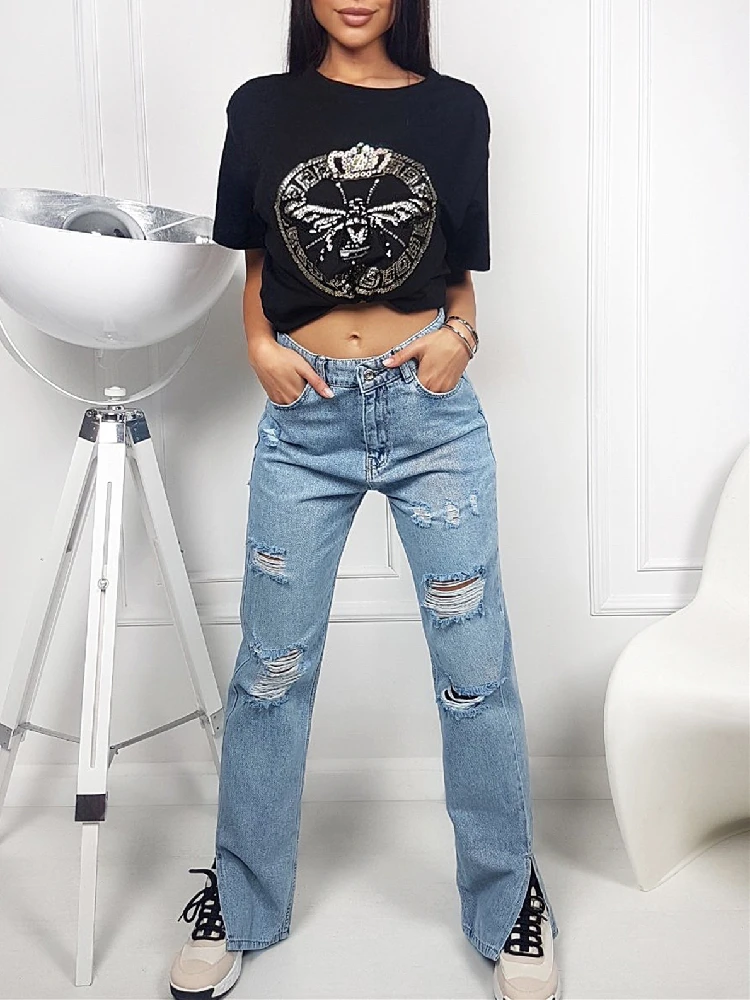 Straight Ripped Jeans Women High Waisted Jeans Pants Distressed Slit Hem Casual Streetwear Washed Summer Denim Trousers 2022